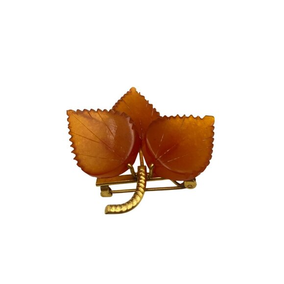 Baltic Amber Leaf Brooch Mid Century Gold Plate Vintage Hand Carved 4.68g 1.75" - Picture 12 of 13